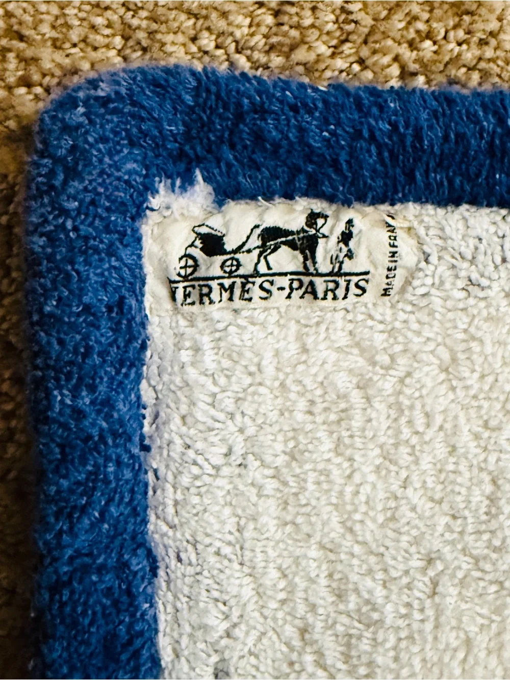 Vintage Hermes Les Leopards Cotton Terry Beach Towel Navy White GM Drap Plage